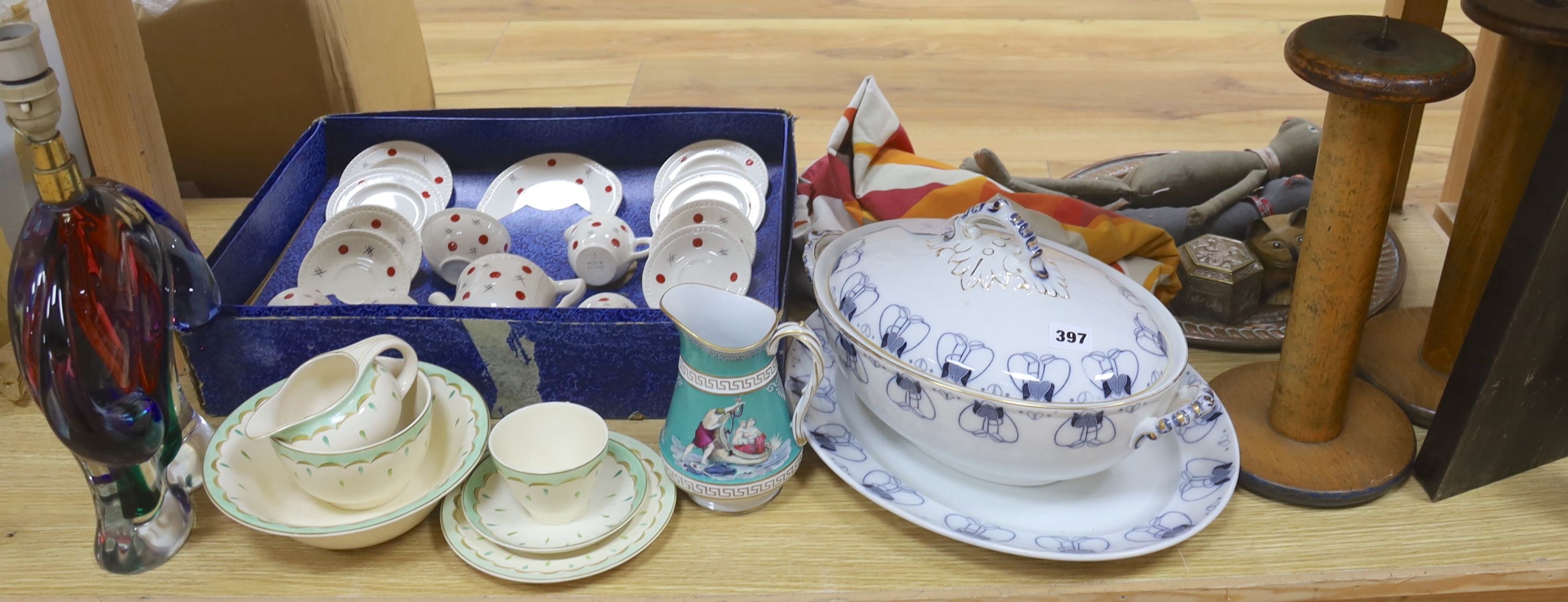 A childs 1960's tea set, blue and white tureen stand, Religious carving, 1960's/70's fabric and Venetian vase etc